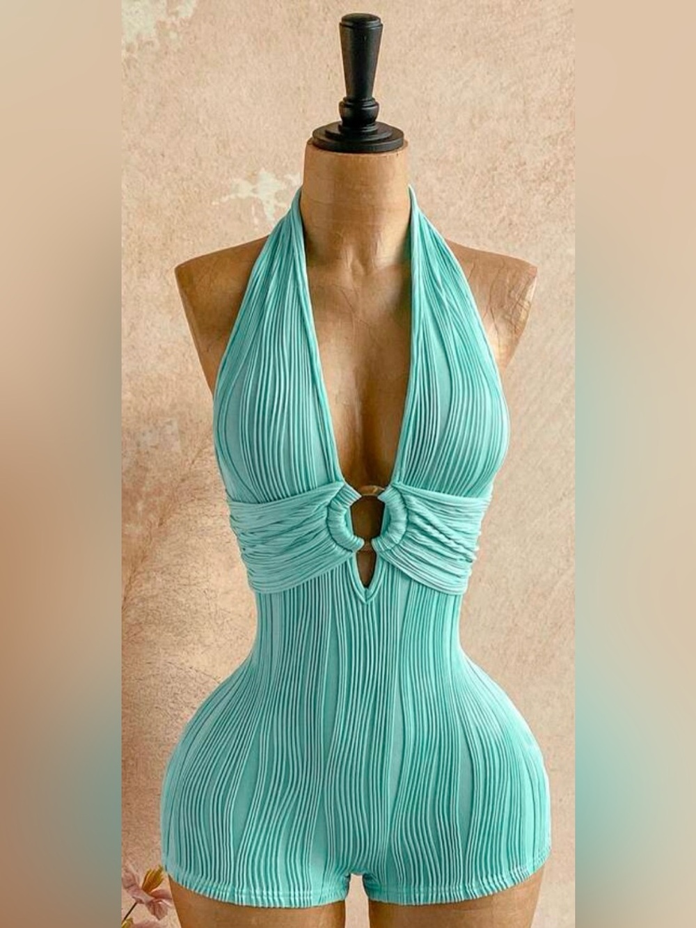 ❌SOLD❌Aqua Pleated Halter Romper with Ring Detail